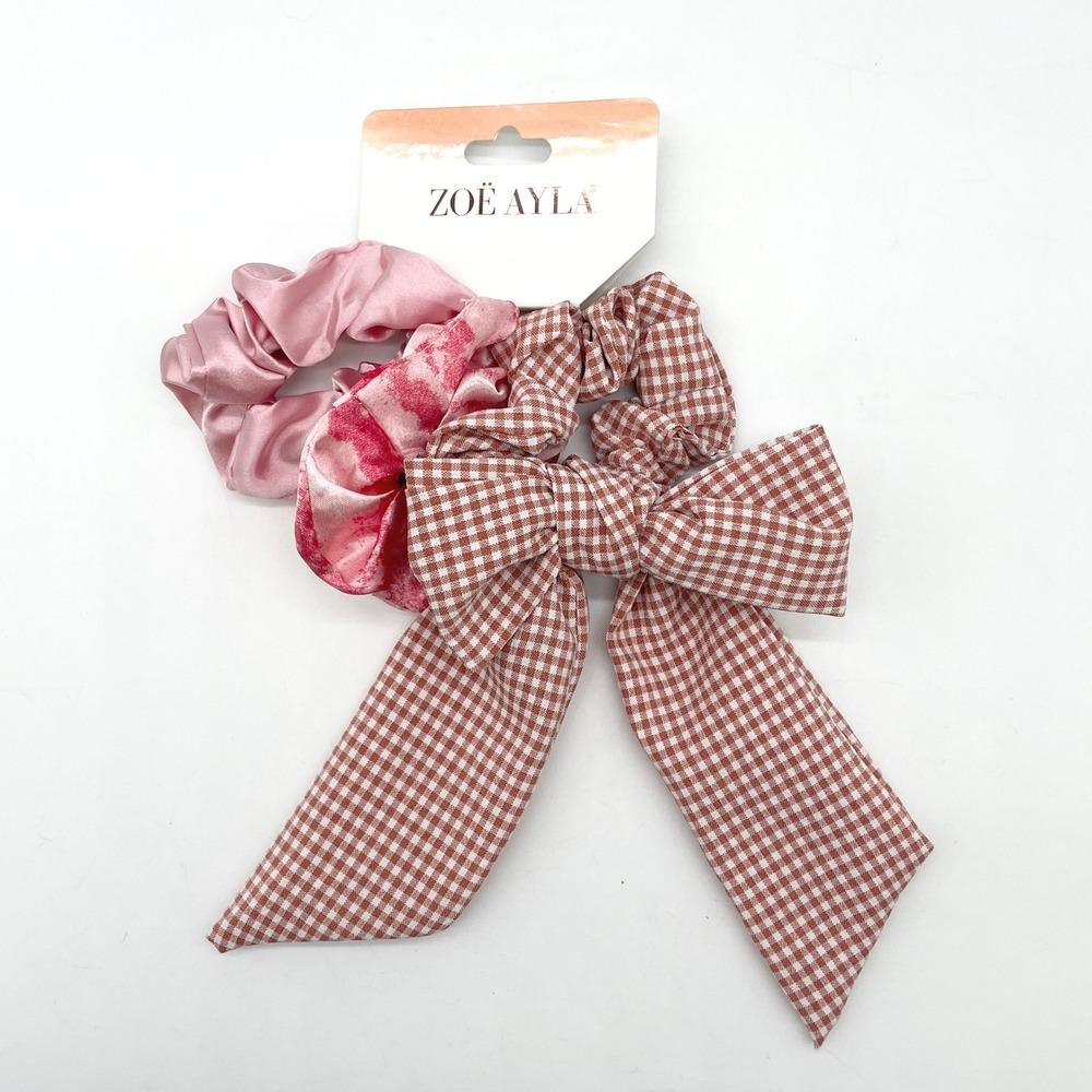 Zoe Ayla Scrunchies‎ 3-Pack Pink Gingham Bow Hair Tie Accessories Cottagecore